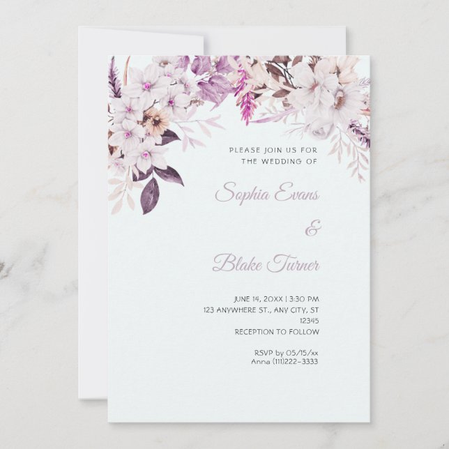 Boho White Floral Winter Light Blue Wedding Einladung (Vorderseite)