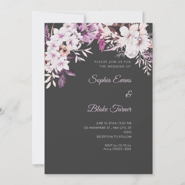 Boho White Floral Winter Shadow Gray Wedding Einladung (Vorderseite)