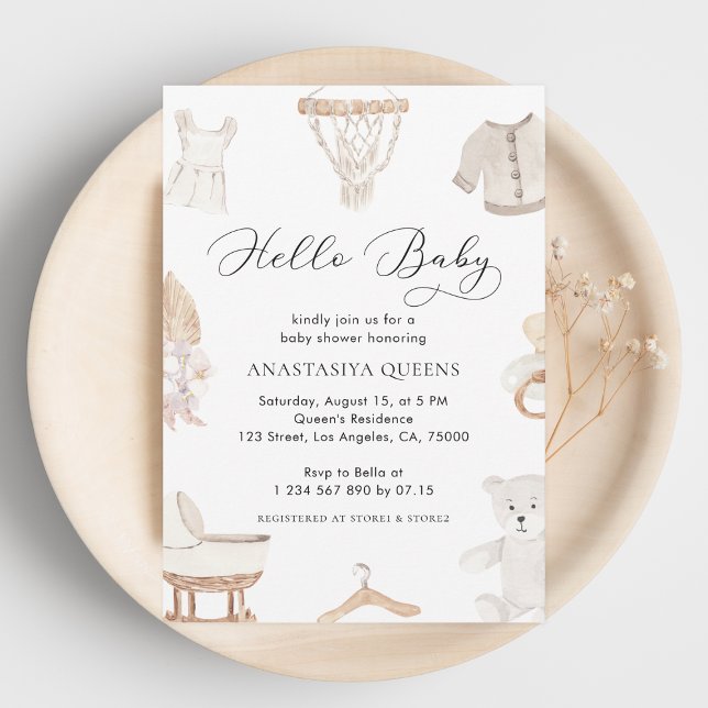 Boho White Hello Baby Kleidung Kinderzimmer Babydu Einladung (Von Creator hochgeladen)