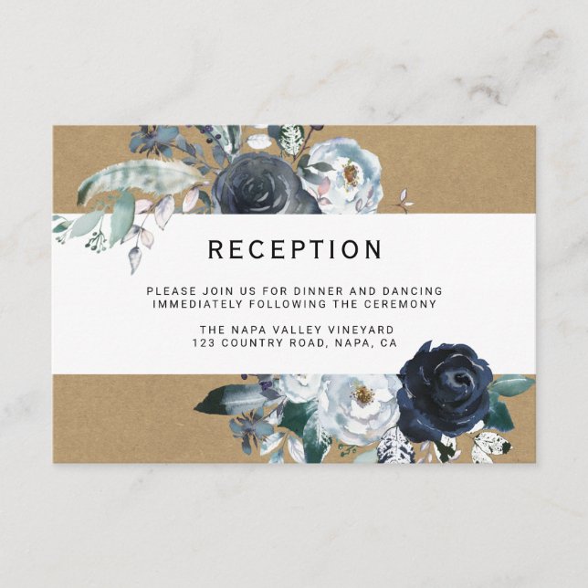 Boho White Navy Peony Kraft Hochzeitsempfang Begleitkarte (Vorderseite)