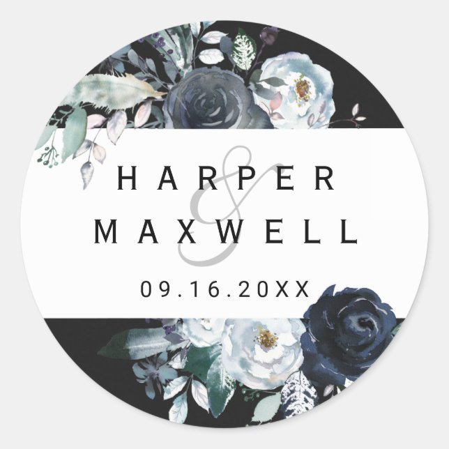 Boho White Navy Peony Watercolor Wedding Black Runder Aufkleber (Vorderseite)