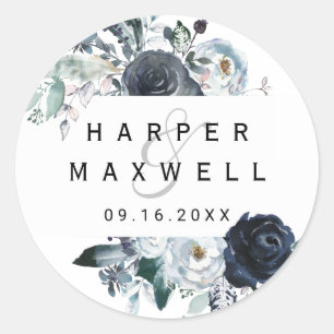 Boho White Navy Peony Watercolor Wedding Runder Aufkleber