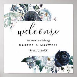 Boho White Navy Peony Watercolor Wedding Willkomme Poster