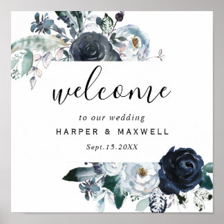 Boho White Navy Peony Watercolor Wedding Willkomme Poster