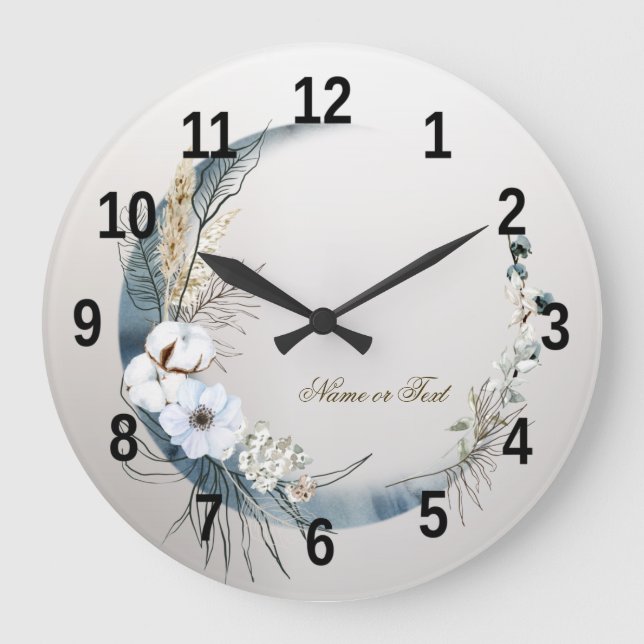 Boho White Orchid Blume Blue Moon Elegante Große Wanduhr (Vorderseite)