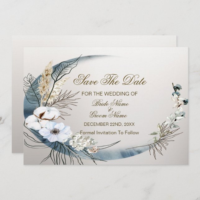 Boho White Orchid Blume Blue Moon Elegantes Party Save The Date (Vorne/Hinten)