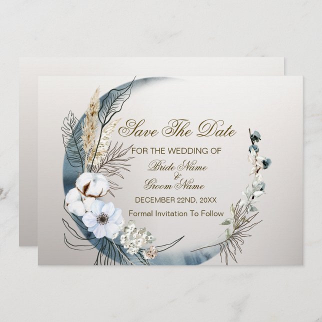 Boho White Orchid Blume Blue Moon Elegantes Party Save The Date (Vorne/Hinten)