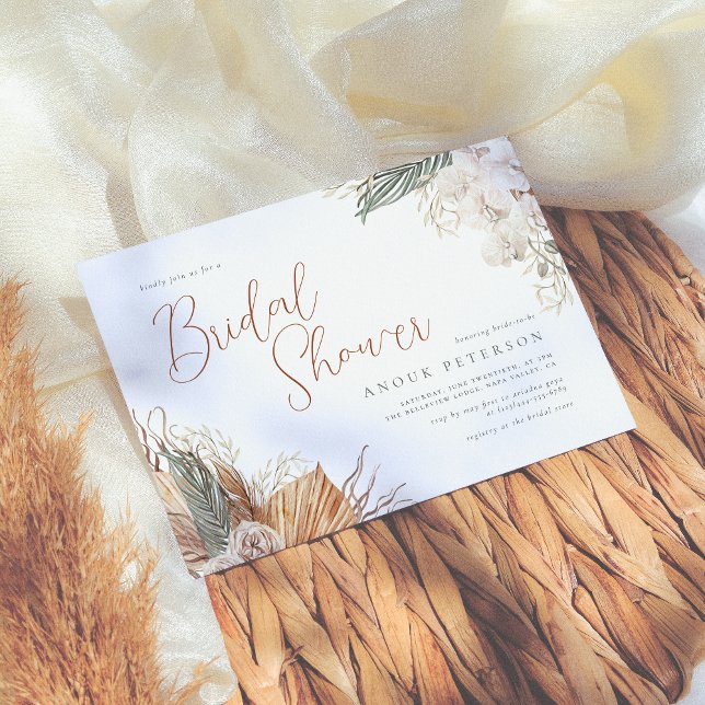Boho White Orchid & Pampas Grass Brautparty Einladung (Von Creator hochgeladen)