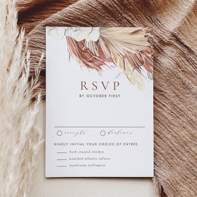 Boho White Orchids and Drired Palm Blätter Wedding RSVP Karte (This RSVP card features watercolor florals including pampas grass, dried palm leaves, and orchids.)