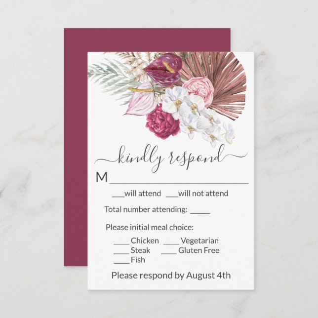 Boho White Orchids Blush Burgundy Floral Wedding RSVP Karte (Vorne/Hinten)