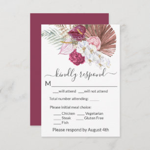Boho White Orchids Blush Burgundy Floral Wedding RSVP Karte