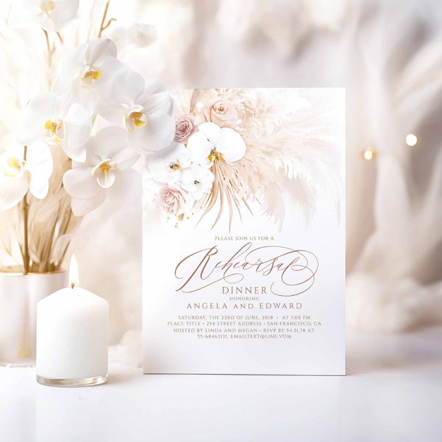 Boho White Orchids Pampas Grass Probe Dinner Einladung (White Orchids Boho Rehearsal Dinner Invitations)