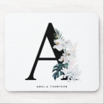 Boho White Orchids Tropical Letter A Monogram Mousepad<br><div class="desc">Fügen Sie Ihrem Raum mit diesem tropischen Monogramm-Mousepad einen boho-tropischen Akzent hinzu. Es ist mit weißen Blume in Aquarelltönen, weißen Korallen und tropischen Blätter ausgestattet. Dieser Brief Ein Monogramm Mousepad wird als Geschenk perfekt sein.</div>