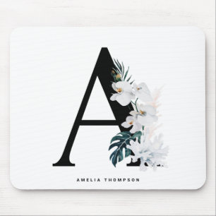 Boho White Orchids Tropical Letter A Monogram Mousepad