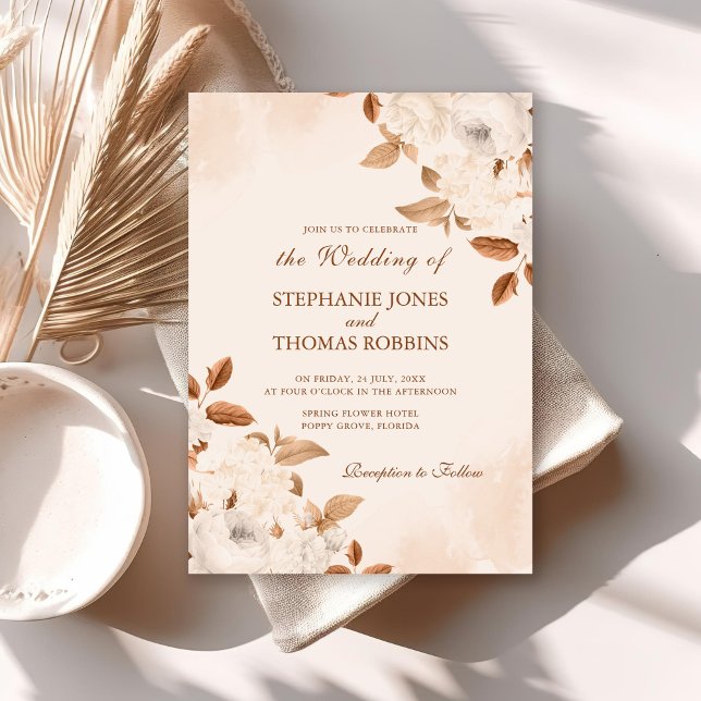Boho White Peonies Hochzeitseinladung Einladung (Boho Terracotta Floral Wedding Invitation on a white table with neutral boho decoration.)