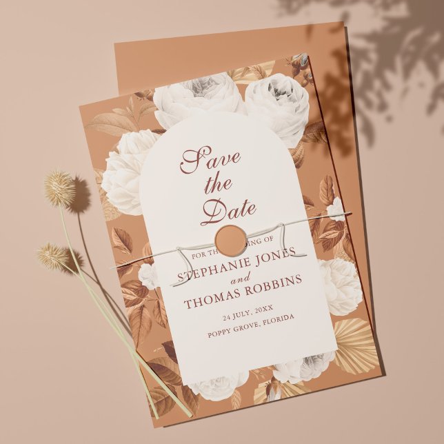 Boho White Peonies Terracotta Save the Date Karte (Von Creator hochgeladen)