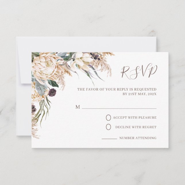 Boho White Protea Pampas Grass Wedding RSVP Card (Vorderseite)