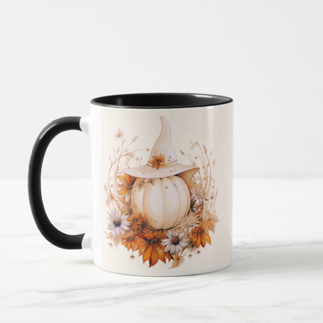 Boho White Pumpkin und Blume Cream Halloween Tasse (Links)
