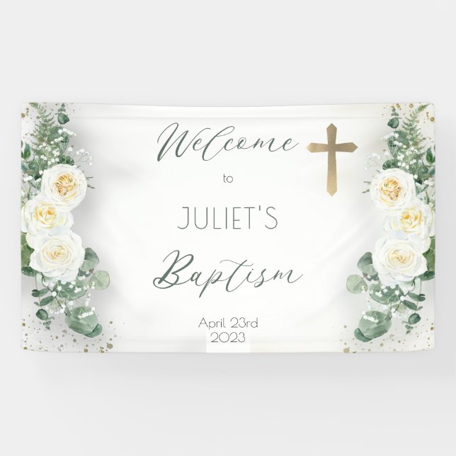 Boho White Rose Bloral Eukalyptus Taufe Willkommen Banner (Horizontal)
