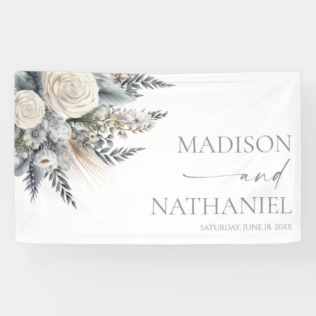 Boho White Rose Blumengarten Hochzeit Banner (Horizontal)
