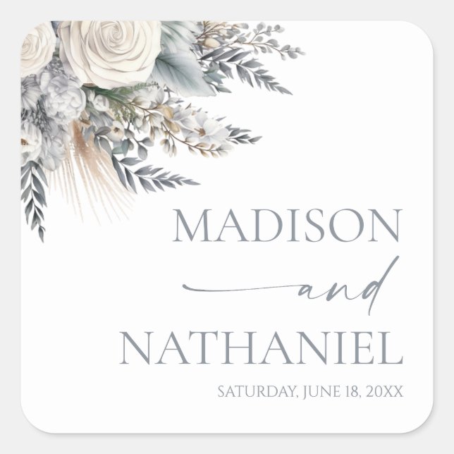Boho White Rose Blumengarten Hochzeit Quadratischer Aufkleber (Vorderseite)