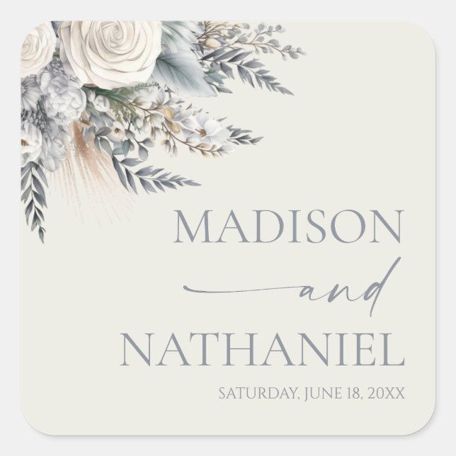 Boho White Rose Blumengarten Hochzeit Quadratischer Aufkleber (Vorderseite)