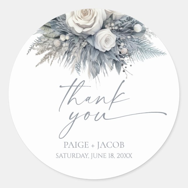 Boho White Rose Blumengarten Hochzeit Runder Aufkleber (Vorderseite)