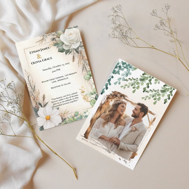 Boho White Rose Eucalyptus Gold Invite Einladung (Von Creator hochgeladen)
