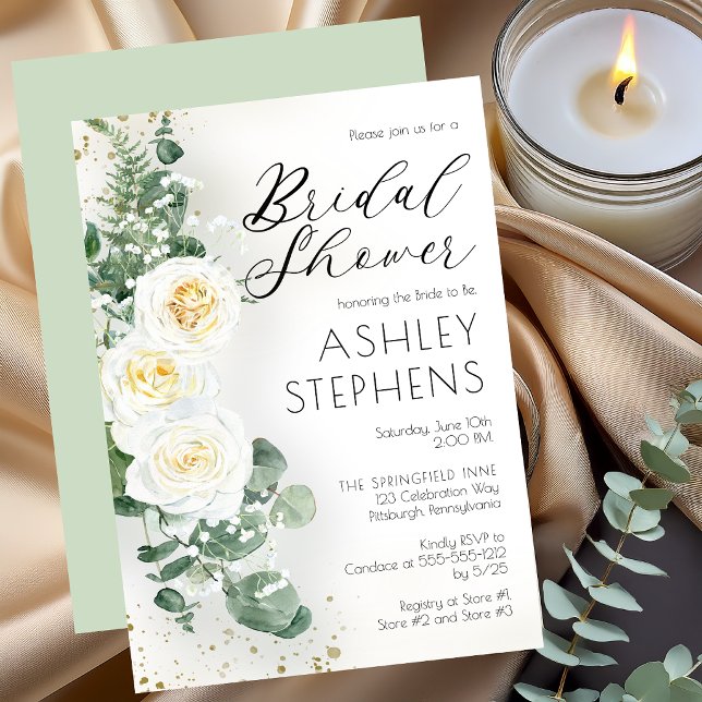 Boho White Rose Floral | Eukalyptus-Brautparty Einladung (Dusty Sage Romantic White Roses | Eucalyptus Bridal Shower Invitation)