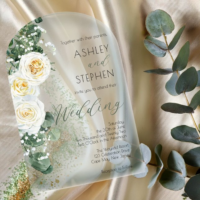 Boho White Rose Floral | Eukalyptus Wedding Acryleinladungen (Boho White Rose Floral Eucalyptus Wedding Arched Acrylic Invitations)