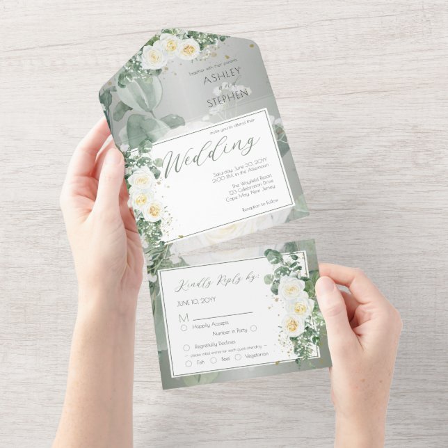 Boho White Rose Floral | Eukalyptus Wedding All In One Einladung (Abreißen)