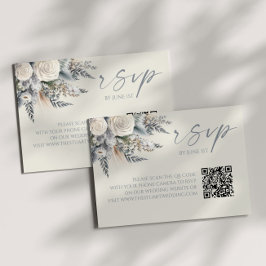 Boho White Rose Floral QR Code Wedding RSVP Card Karte