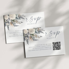 Boho White Rose Floral QR Code Wedding RSVP Card Karte