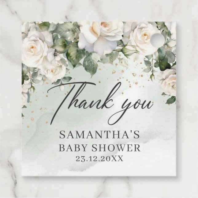 Boho White Roses Blumengarten Grüne Babydusche Geschenkanhänger (Rückseite)