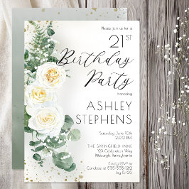 Boho White Roses Eucalyptus 21. Geburtstag Party Einladung