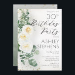 Boho White Roses Eucalyptus 30. Geburtstags-Party Einladung<br><div class="desc">Elegante und klassisch boho-chic weiße Rose und eucalyptus floral "Birthday Party" Drehbuch-Design mit dunkelgoldfarbenen Konfetti und Schatten. Zurück zeigt ein Aquarellgradientengrün mit grünen und dunkelgoldfarbenen Konfetti-Spritzern.</div>