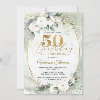 Boho White roses eucalyptus gold oval 50. Einladung