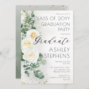 Boho White Roses Eucalyptus Graduation Party Einladung
