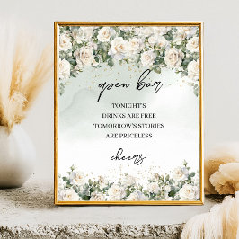 Boho White Roses Greenery and Gold Open Bar sign Poster