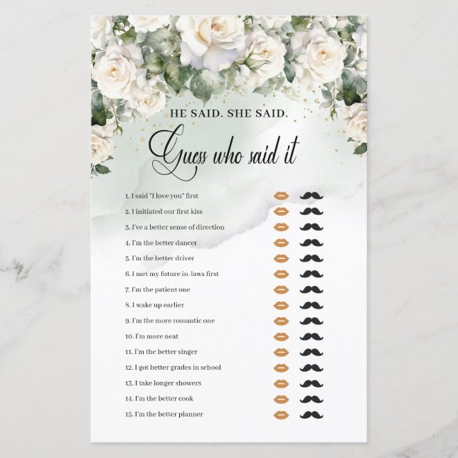 Boho White Roses Grüne Gold Er sagte, sie sagte: (Vorderseite)