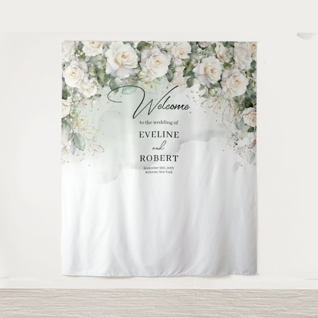 Boho White Roses Grüne und Goldene Hochzeit Wandteppich (Vorderseite)