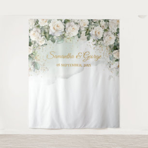 Boho White Roses Grüne und Goldene Hochzeit Wandteppich