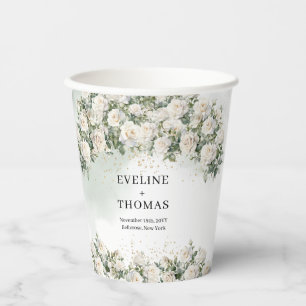 Boho White Roses Weise Grün und Gold Hochzeit Pappbecher