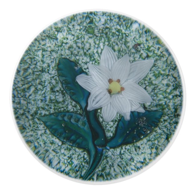 Boho White Star Blume Green Sparkle Keramikknauf (Vorderseite)