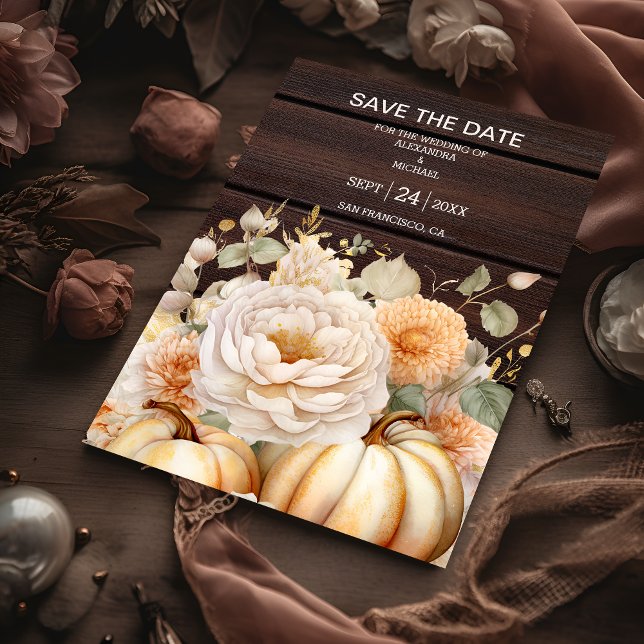 Boho White und Gold Glitzer Pumpkins Wedding Save The Date (Von Creator hochgeladen)