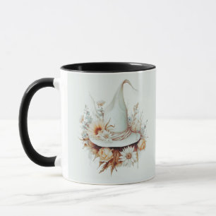 Boho White Witches Hat und Blume Green Halloween Tasse
