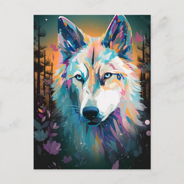 Boho White Wolf Surreal Wildlife Art Postkarte (Vorderseite)
