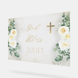 Boho WhiteRose Floral Eukalyptus Taufe Gott segne Acrylschild