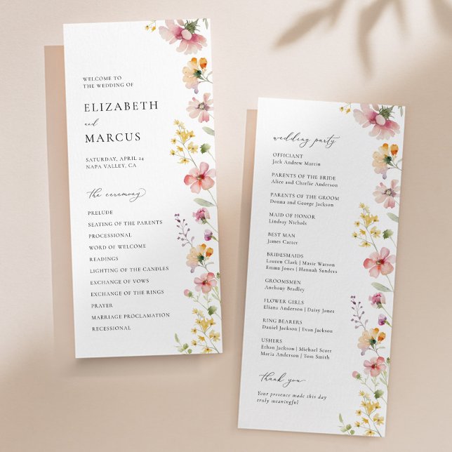 Boho-Wiesen-Wildblumen-Hochzeitsprogramm Programm (Boho meadow wildflower wedding program with pastel florals and elegant serif typography)
