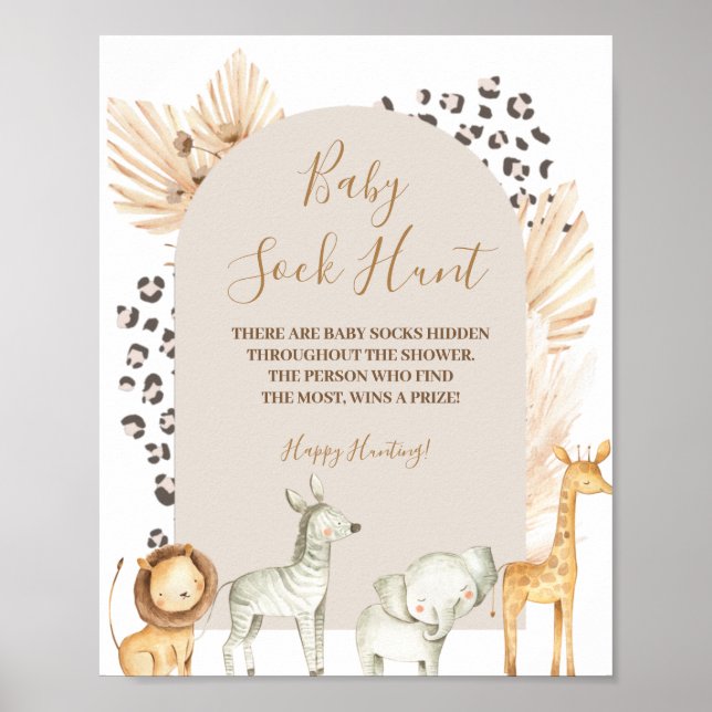 Boho Wild Animals Pampas Grass Baby Sock Hunt Poster (Vorne)